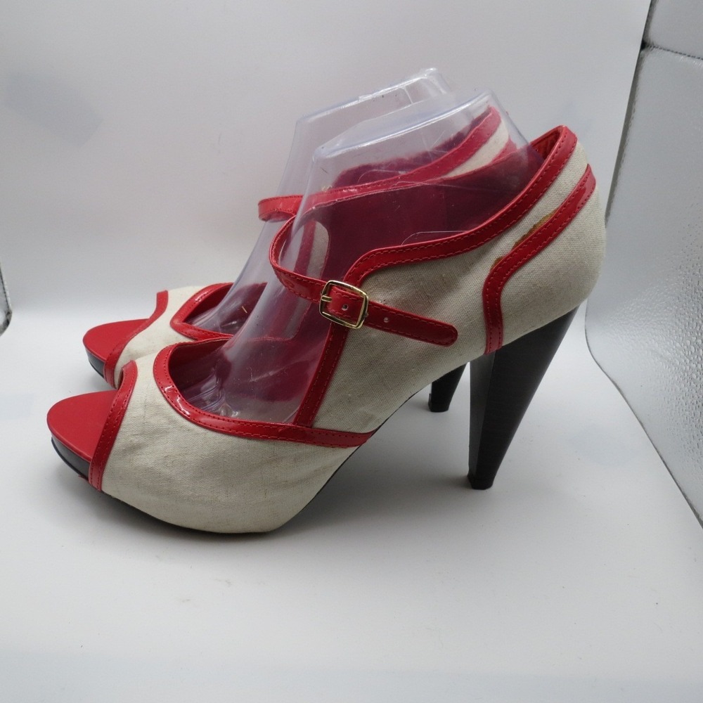 Womens Beige Red Trim Canvas Peep Toe Pinup Rockabilly Party  4" Heel Size 10